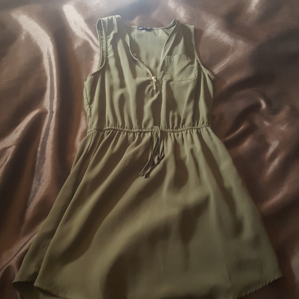Olive green mid length dress with gold zipper